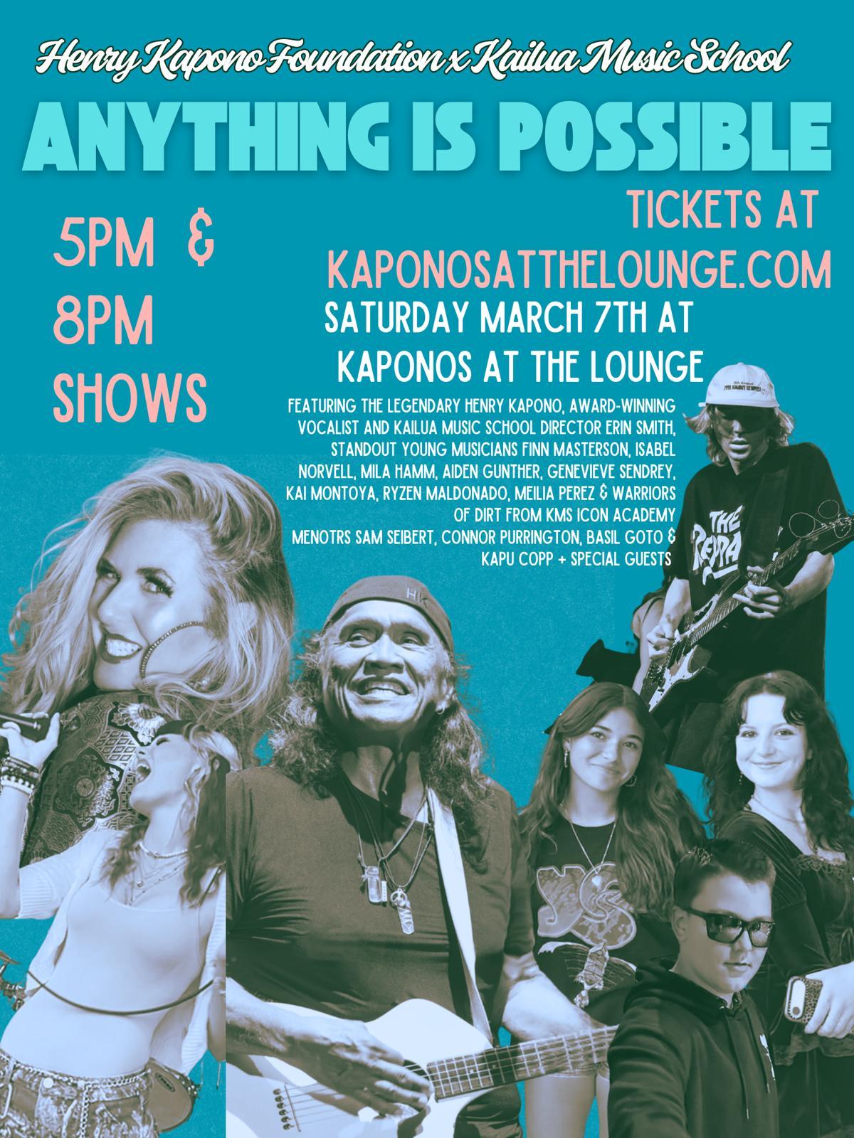 Anything is Possible event poster featuring Henry Kapono Foundation x Kailua Music School